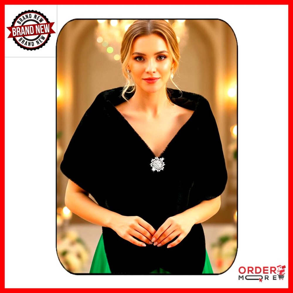 Faux Fur Shawl Wrap With Rhinestone Brooch For Weddings & Special Events